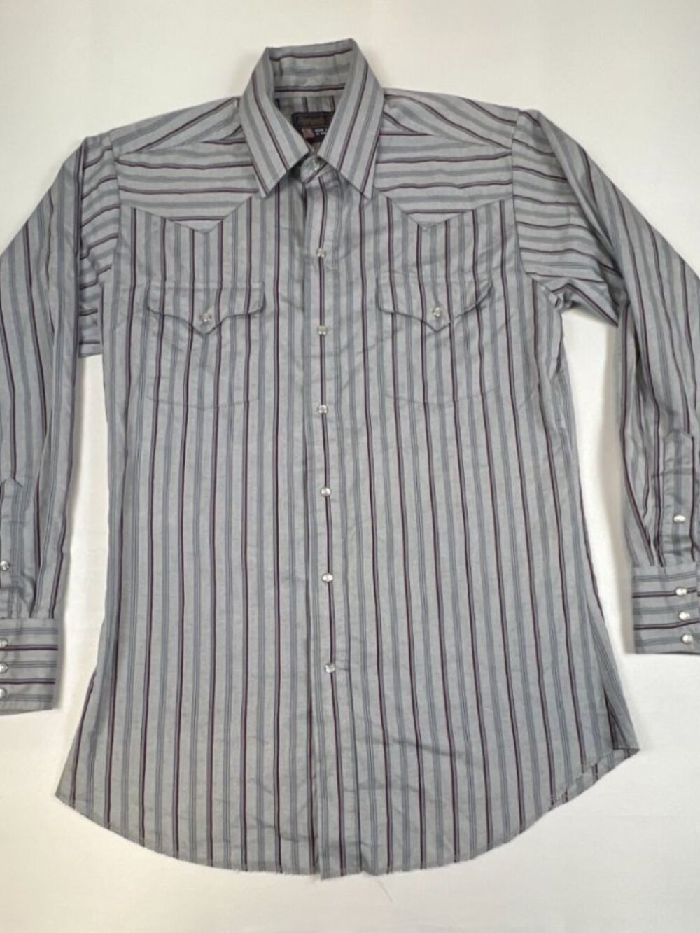 Panhandle Slim Men 15.5x34 Vintage Blue Burgundy Striped Long Sleeve Pearl Snap